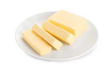 Plate with tasty cut butter isolated on white