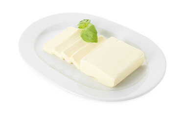 Dish with tasty cut butter isolated on white