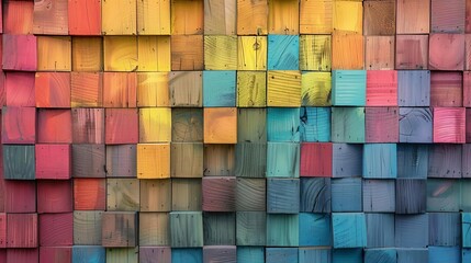 abstract geometric rainbow colored 3d wooden square cubes texture wall long panoramic background illustration