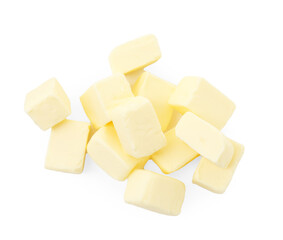 Pile of tasty butter cubes isolated on white, top view