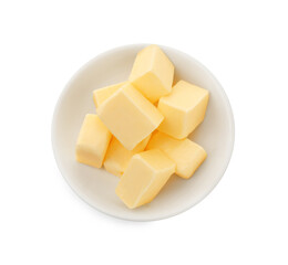 Tasty butter cubes in bowl isolated on white, top view