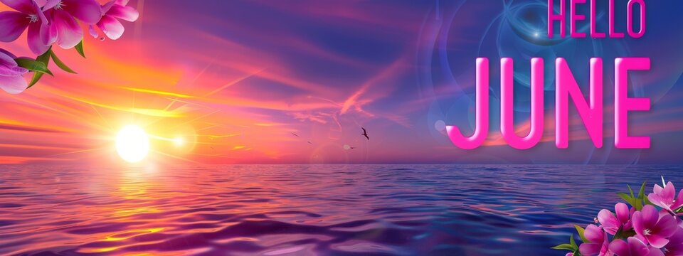 The text "HELLO JUNE" the sun with a beautiful sea landscape in background, sunset, purple sky Generative AI