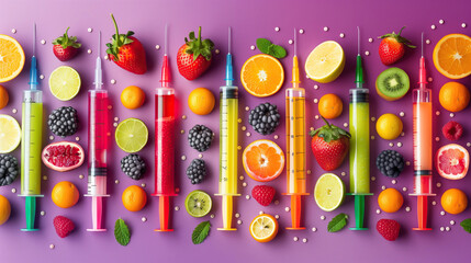 Science and nature: syringes injecting innovation into fresh fruits. A creative display illustrating the concept of genetically modified fruits with colorful syringes among fresh produce