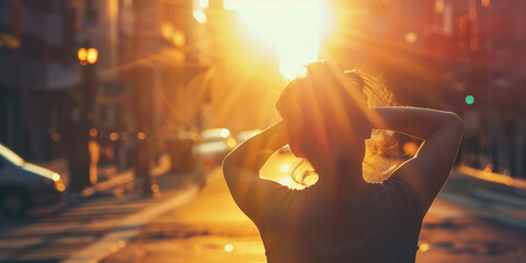 Exhausted person suffering from heat wave on a city street under direct sunlight, mirages blurring the urban horizon.