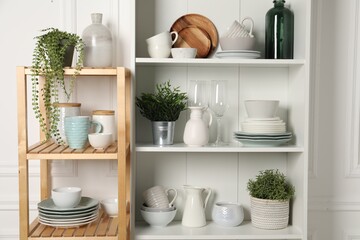 Different clean dishware and houseplants on shelves in cabinet indoors