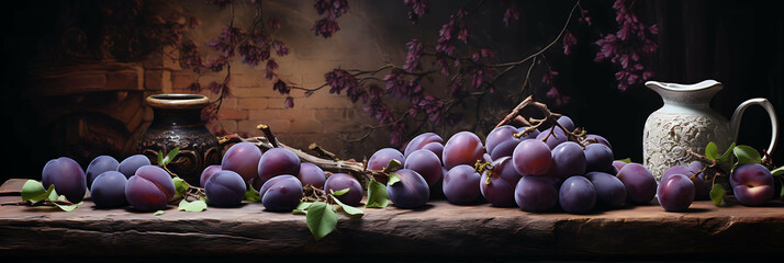A plum lying on a wooden table, with a few plums nearby, and a plum tree leaning in, as if trying...