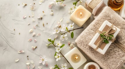 Obraz na płótnie Canvas Luxury Spa: A beautifully arranged spa accompanied by spa essentials like candles and aromatherapy oils