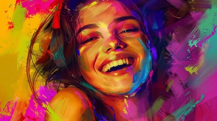 abstract paint portrait of joyful woman with vibrant colors and energetic brushstrokes digital painting