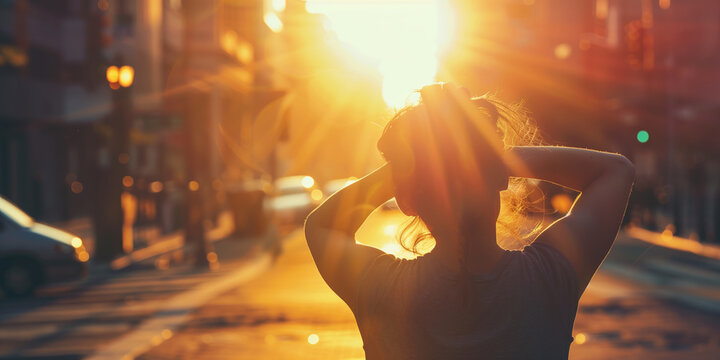 Exhausted person suffering from heat wave on a city street under direct sunlight, mirages blurring the urban horizon.
