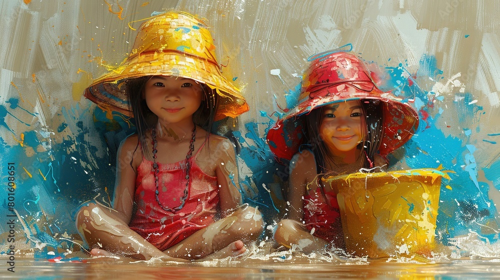 Wall mural two little girls sit in water with buckets on heads, splash paint