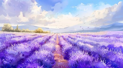 fantasy lavender field with a path leading into the distance. the sky is blue and cloudy and there are mountains in the background.