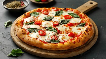 Tasty neapolitan pizza with mozzarella, tomatoes and spinach on dark background. AI generated