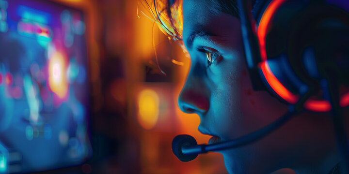 Close-up portrait of teenage boy wearing big headphones playing video game at home. Young teen kid playing a game on his desktop computer. Computer games addiction in children.