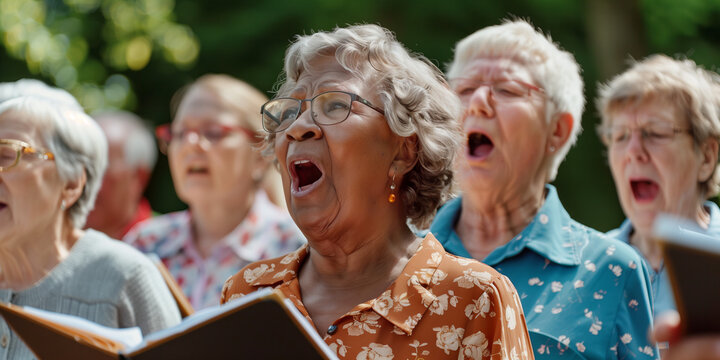 Group of senior women and men singing together at choir rehearsal. A community choir performing at a local nursing home. Hobbies and leisure for elderly people.