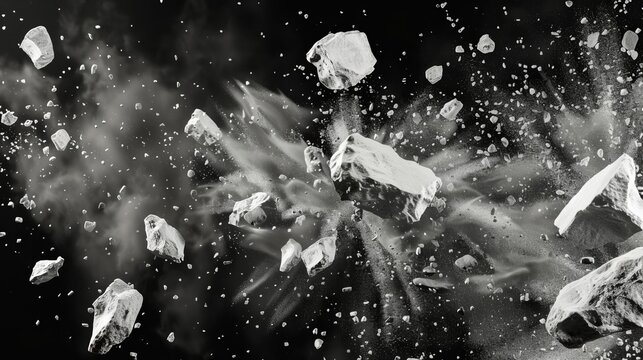 abstract rock explosion white stone fragments dust particles dynamic texture background digital illustration