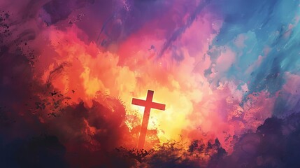 abstract watercolor painting of glowing cross in dramatic sunset sky with clouds spiritual concept illustration