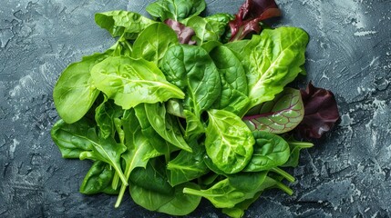 Top view healthy food of fresh green salad with spinach, lettuce and vegetables in bowl. AI generate