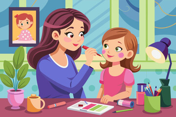 A mother teaching her daughter how to apply makeup