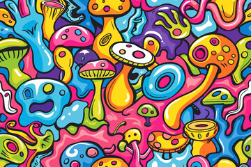 Fototapeta premium Groovy cartoon, style designs fun colorful rainbow bright and engaging, fantasy world, black and white to create a sense of nostalgia, storytelling, coloring book.