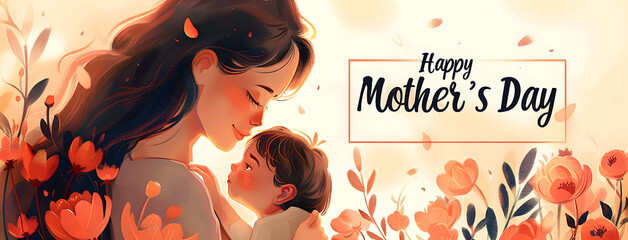 Illustrated Mother's Day greeting featuring a mother holding a child with warm colors and spring flowers, ideal for cards.
