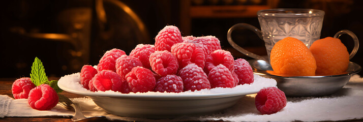 A raspberry placed on a raspberry-shaped plate, with a few raspberries nearby, and a sprinkle of...