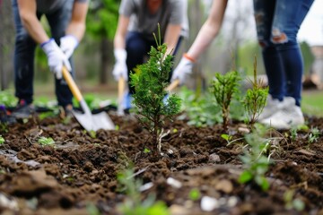 Fototapeta premium A group of volunteers planting trees in a local park with shovels and young saplings in hand