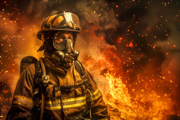 Firefighter in mask against a backdrop of intense flames, with copy space..