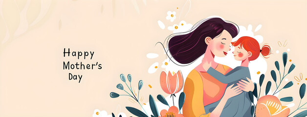 A warm illustration of a mother embracing her child with 'Happy Mother's Day' text; ideal for cards and family-oriented content.