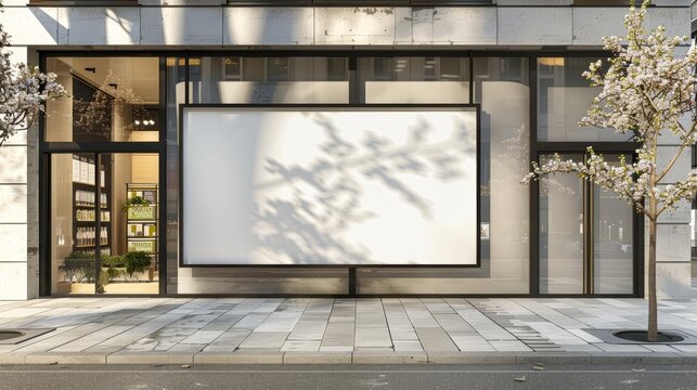 A large blank billboard on the side of a modern building with large glass windows. There is a tree in front of the building with pink flowers.