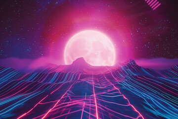 Neon futuristic purple sunset, retro synthwave background, 80s vibe design