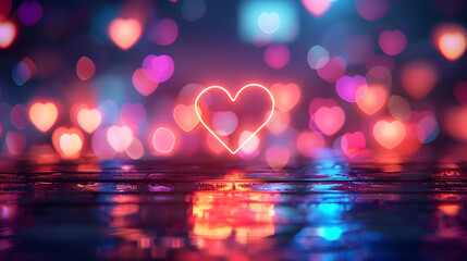 Vibrant neon heart-shaped bokeh on a background, ideal for Valentine's Day or romantic events, with space for text.