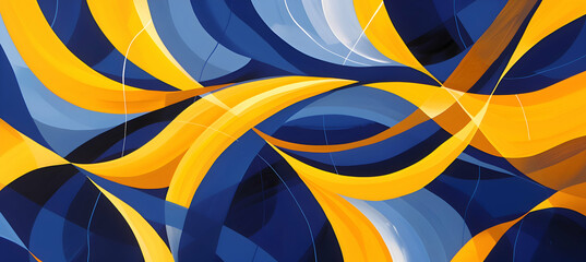A vividly colored abstract artwork with sharp geometric forms and dynamic, curving lines, presented in lemon yellow and deep indigo, designed to mimic the clarity of an HD photographic image