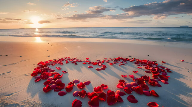 Romantic beach scene at sunset with heart shape made of red rose petals, ideal for Valentine's Day or a marriage proposal.