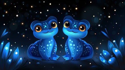 Obraz premium A pair of blue frogs perched together atop a verdant field brimming with blossoms and foliage