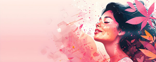 Abstract digital illustration of a joyful woman in pink tones with floral elements, suitable for Women's Day and female empowerment themes.