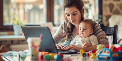 Young mother multitasking in her home office, with a baby in her lap, typing on a laptop, surrounded by baby toys and a cup of cold coffee.