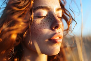 Portrait of a woman with eyes closed enjoying the sensation of sunlight on her face.