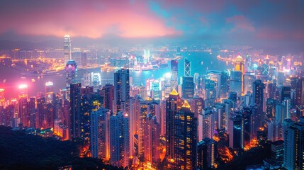 Fototapeta premium Vibrant Night Cityscape With Tall Buildings