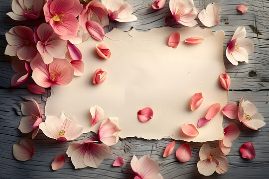 Vintage-style image of a blank greeting card surrounded by floral petals, ideal for romantic events like Valentine's Day or weddings.