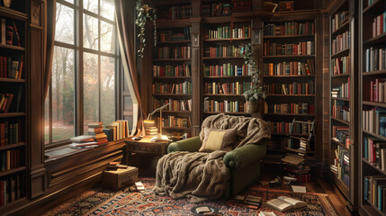 A cozy reading nook with floor-to-ceiling bookshelves and a plush, oversized armchair as the focal point.