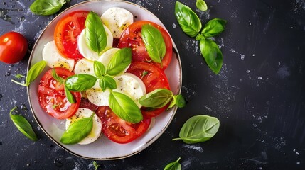 Top view italian caprese salad with tomato, basil and cheese mozzarella and basil. AI generated
