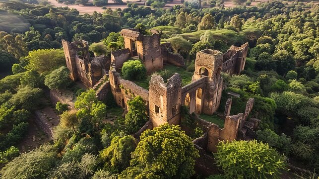 aerial view of ancient fasil ghebbi castle ruins surrounded by lush green trees gondar ethiopia travel photography
