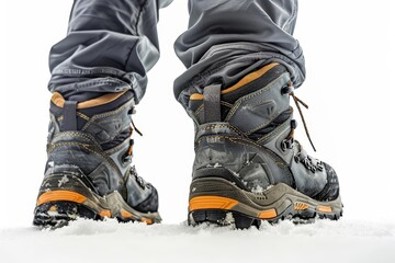 A person wearing hiking boots is walking in the snow.