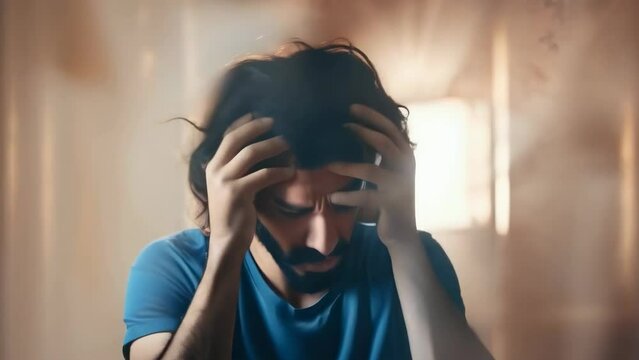 A man grips his head in despair amidst a hazy room, his expression one of intense stress or pain, possibly indicative of a migraine, mental health issues, or overwhelming life pressures