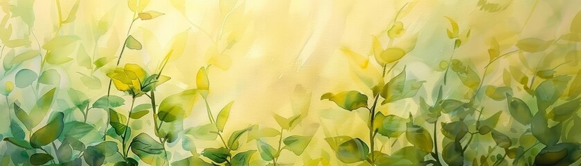 A close-up of a watercolor painting of green and yellow leaves and vines against a pale yellow background.