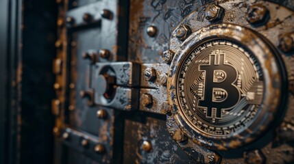 Lock bank safe with the Bitcoin symbol on it, concept: beware of scammer, 16:9