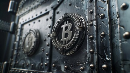 Lock bank safe with the Bitcoin symbol on it, concept: beware of scammer, 16:9