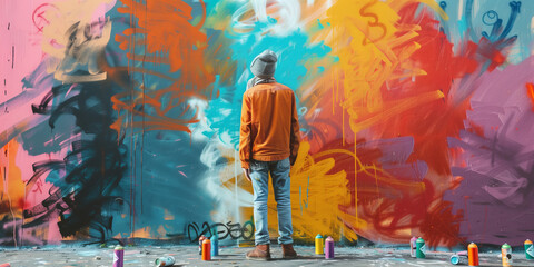 Naklejka premium Street artist spray-painting a mural on a city wall, with cans of paint scattered around and pedestrians stopping to watch.