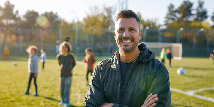 Cheerful middle age football coach smiling on a backdrop of his young players on soccer pitch. Sports and active leisure for young kids.