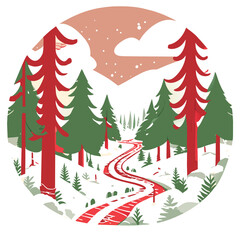 magical snowy forest path, vector illustration flat 2